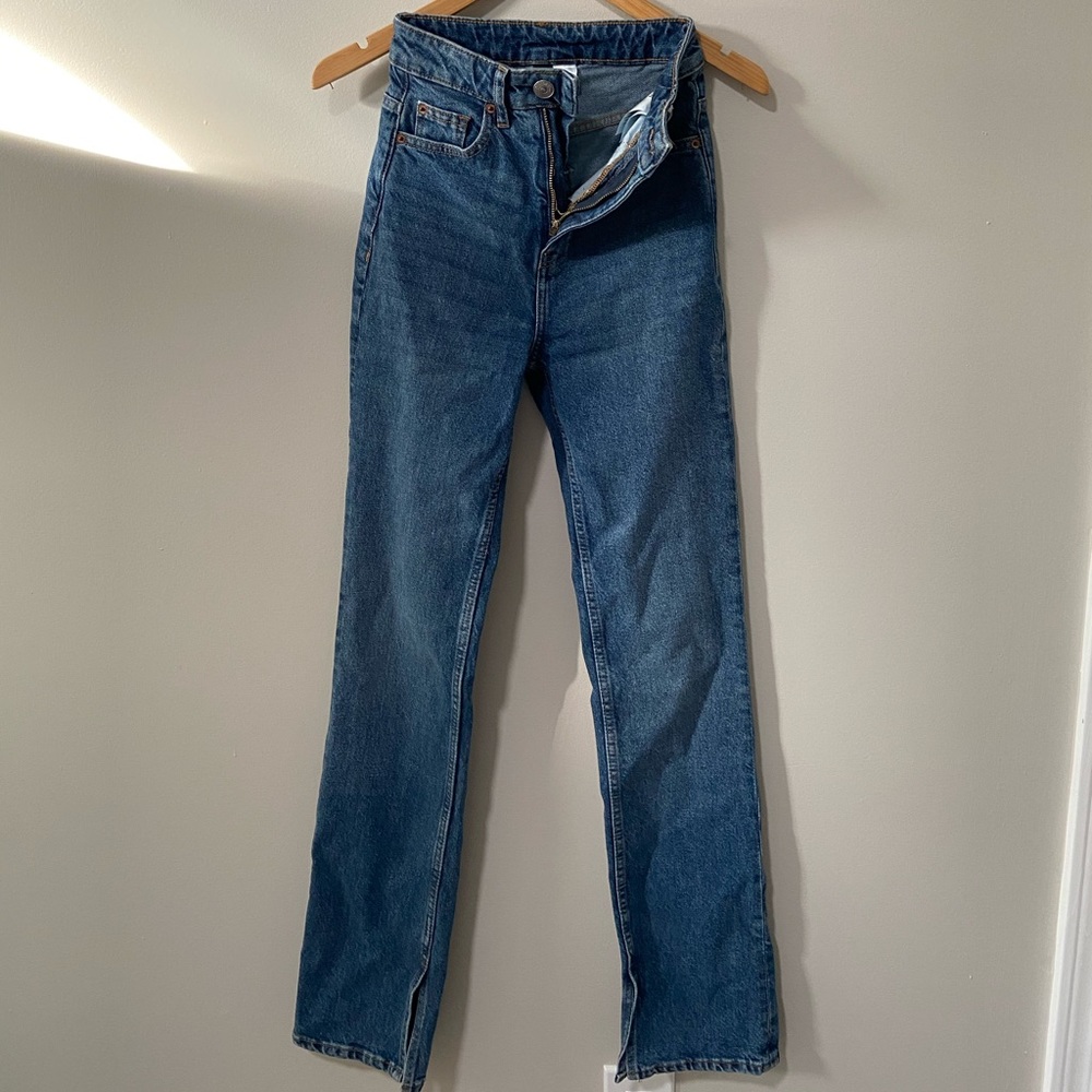 Juniors Side Split Skinny Jeans (Size: 0) (Color: Dark Blue)